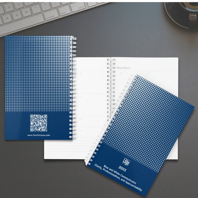 Agenda Padrão de meia tonalidade azul Pequena empresa bra (Half Tone Pattern Blue White Small Business Planner, Logo, Tagline, QR-code)