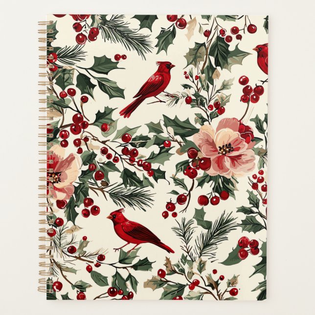 Agenda Padrão de Natal Rustic Bird and Poinsettia (14) (Frente)