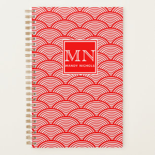 Agenda Padrão de Onda Vermelho Japonês Elegante Monogra