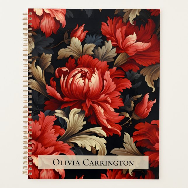 Agenda Padrão de Pena Floral Vermelha Personalizado (Frente)