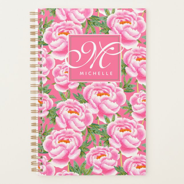 Agenda Padrão De Peões Elegantes - Rosa Quente, Monograma (Frente)