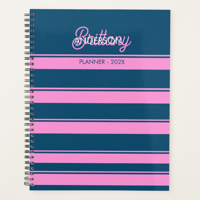 Agenda Padrão de Stripes Azul e Rosa Personalizado (Frente)