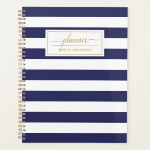 Agenda Padrão de Stripes Brancas Azul do Marinho Elegant