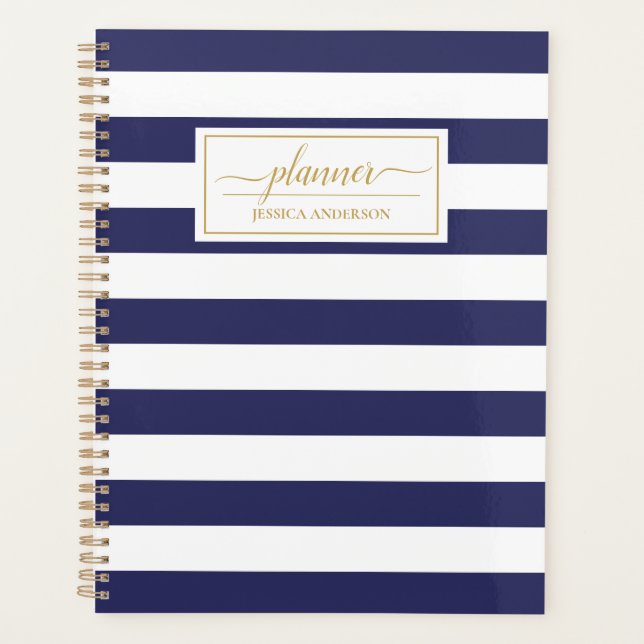 Agenda Padrão de Stripes Brancas Azul do Marinho Elegante (Frente)
