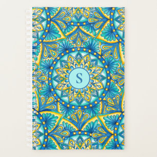 Agenda Padrão de Turquesa Floral Azul Mandala Monograma