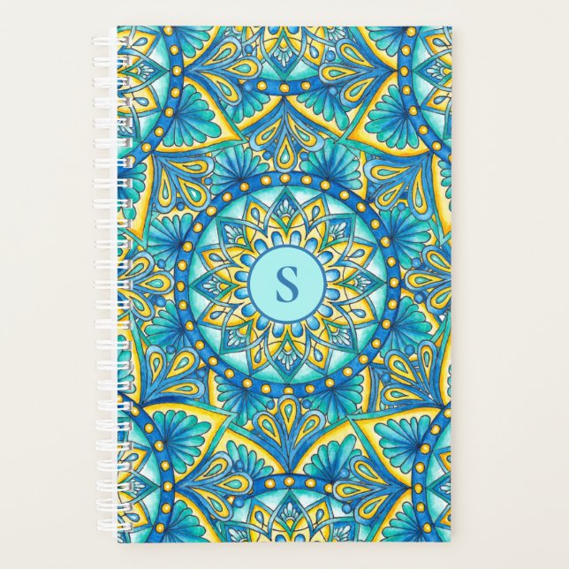 Agenda Padrão de Turquesa Floral Azul Mandala Monograma (Frente)