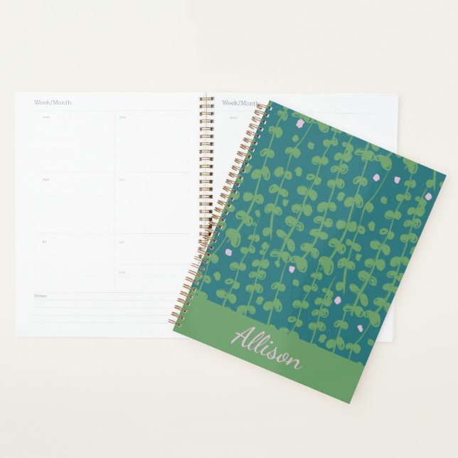 Agenda Padrão de Vinhas Florais Abstrato Verde Personaliz (Exibição)