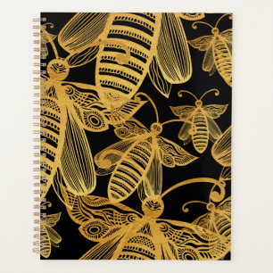 Agenda Padrão Elegante Dourado/Preto do Boho de Enxame d