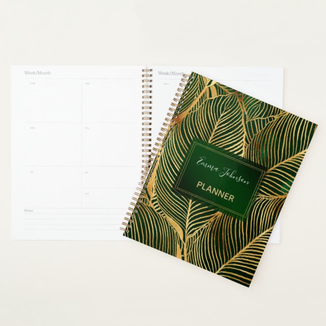 Agenda Padrão Elegante Verde de Folhas Douradas (Exibição)