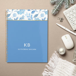 Agenda Padrão Floral Aquarela Azul Elegante