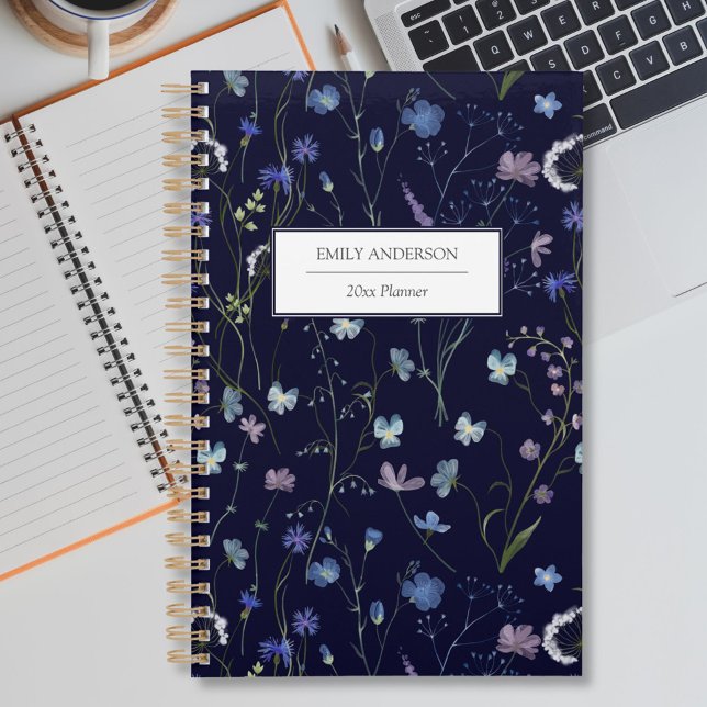 Agenda Padrão Floral Azul Roxo Bonito de Flor Selvagem 20 (In situ)