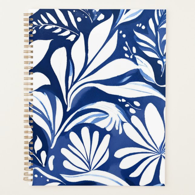 Agenda Padrão Floral Botânico Azul em Aquarela (Frente)