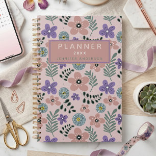 Agenda Padrão Floral Botânico Boho Rosa Poeira Roxo