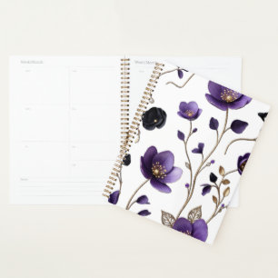 Agenda Padrão Floral Botânico Roxo e Dourado 3D Elegante