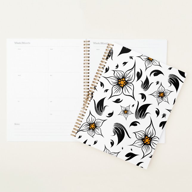 Agenda Padrão Floral Branco e Preto Botânico Elegante (Criador carregado)