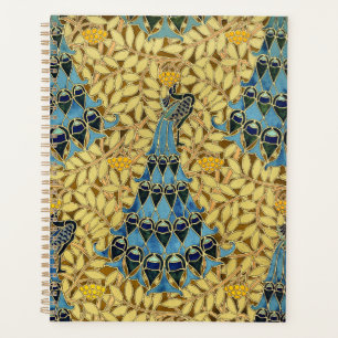 Agenda Padrão Floral de Pavão Azul Art Nouveau Antigo