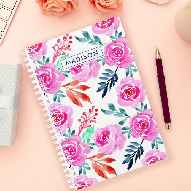 Agenda Padrão Floral de Rosas de Aquarela Rosa (Criador carregado)