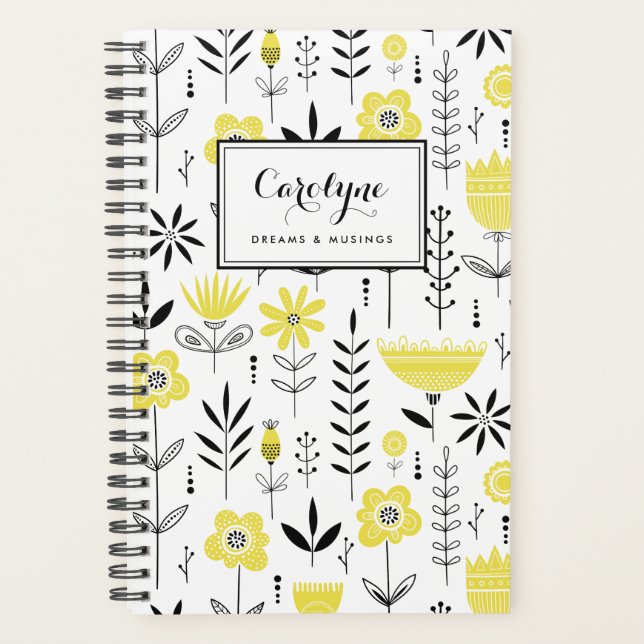 Agenda Padrão Floral Escandinavo Preto e Amarelo (Frente)