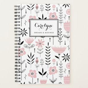 Agenda Padrão Floral Escandinavo Preto e Rosa