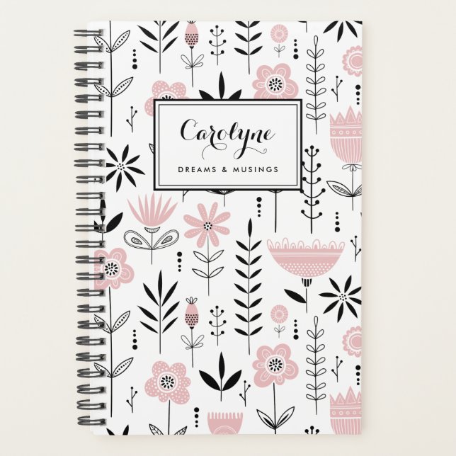 Agenda Padrão Floral Escandinavo Preto e Rosa (Frente)