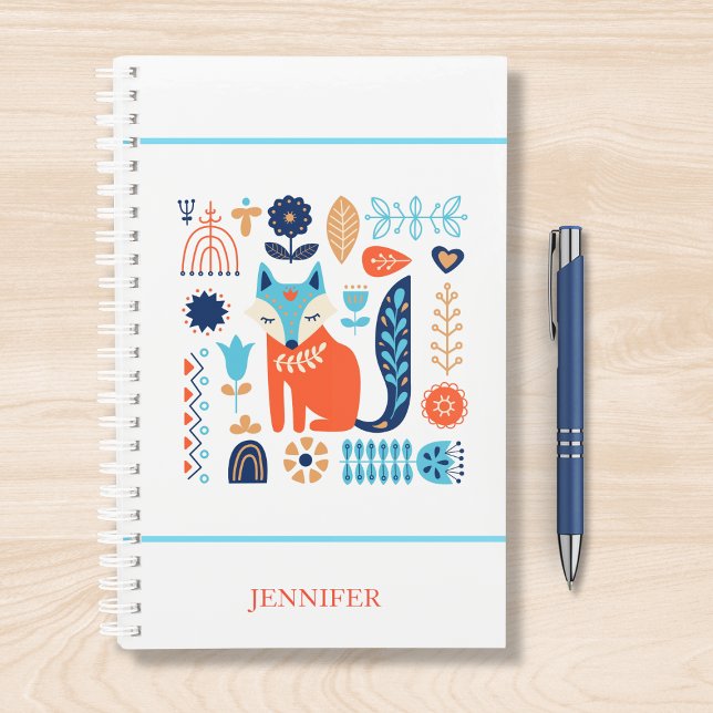 Agenda Padrão Floral Fox Folk Art Personalizado | Naturez (Criador carregado)