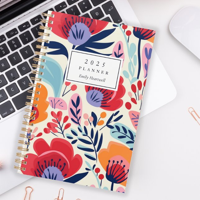 Agenda Padrão Floral Laranja Vermelho Negrito Personaliza (Criador carregado)