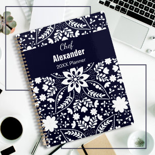 Agenda Padrão Floral Nórdico de Folk Azul-Marinho Elegant