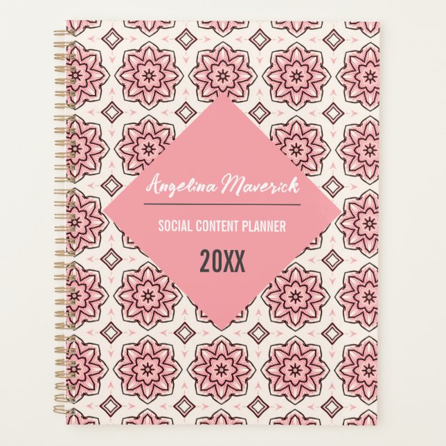 Agenda Padrão Floral Preto e Rosa Elegante (Frente)