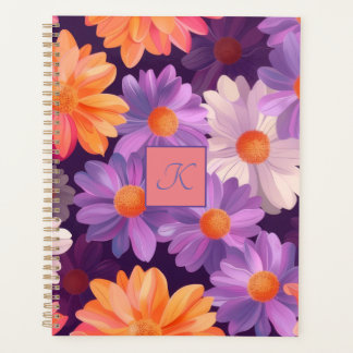 Agenda Padrão floral roxo e laranja com monograma
