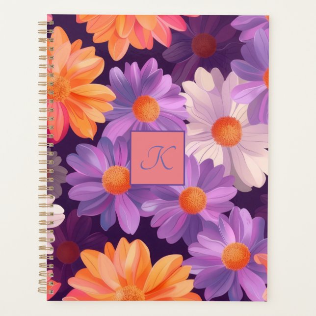 Agenda Padrão floral roxo e laranja com monograma (Frente)