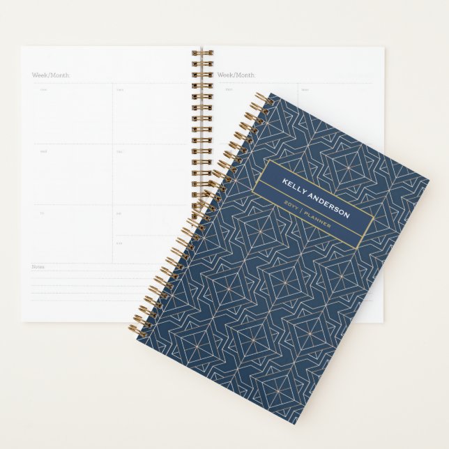 Agenda Padrão Geométrico Dourado Azul Elegante | (Exibição)