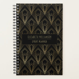 Agenda Padrão Geométrico Elegante Art Deco  Preto e Doura