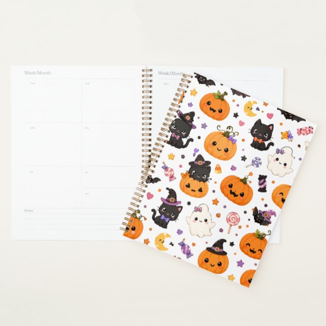 Agenda Padrão Kawaii de Halloween com Abóboras Fofas (Exibição)