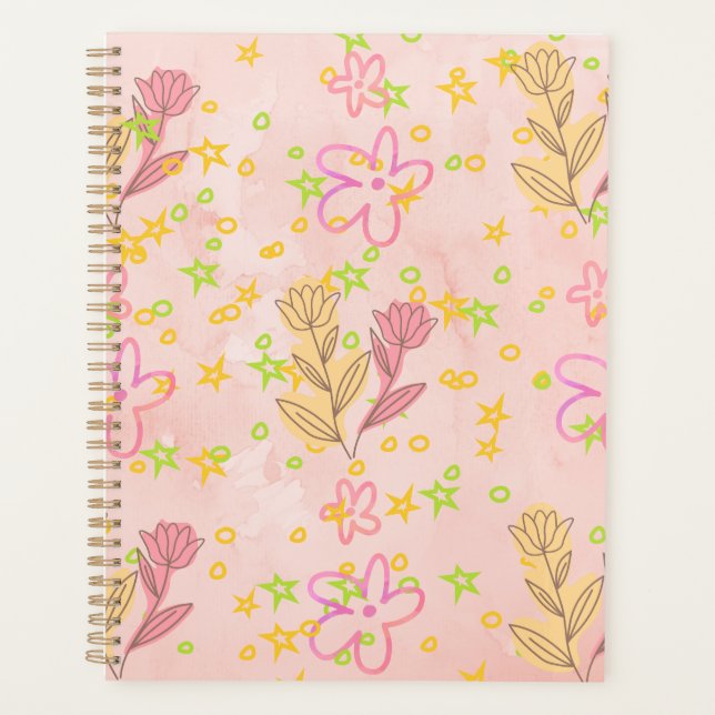 Agenda Padrão Minímo de Floral Doodle – padrão Rosa Paste (Frente)