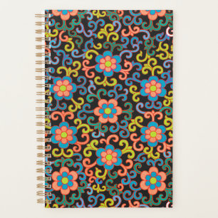 Agenda Padrão Preto Chic com Floral Colorido