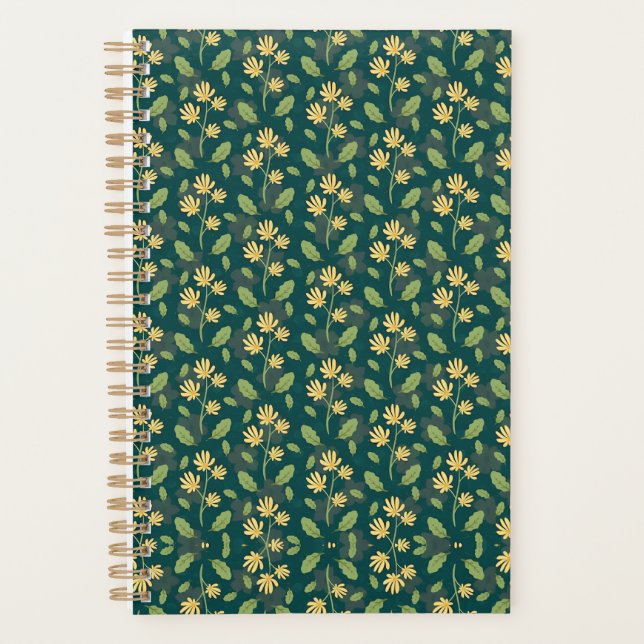 Agenda Padrão Verde Vibrante com Flores e Folhas Amarelas (Frente)