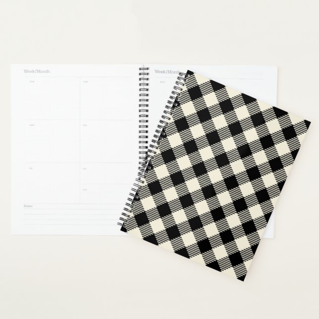 Agenda Padrão Xadrez Gingham Preto e Bege Diagonal (Exibição)