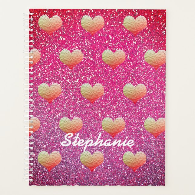 Agenda Padrões de Corações Rosa Dourado Monogramas Glitte (Frente)