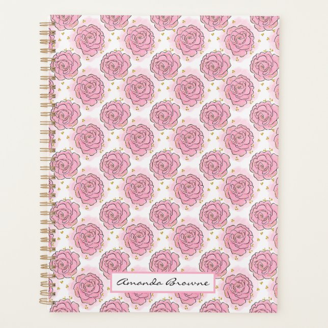Agenda Painted pink roses and gold glitter planner  (Frente)