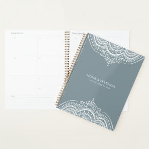Agenda Paisley Mandala Branco Em Cinzas Azuis