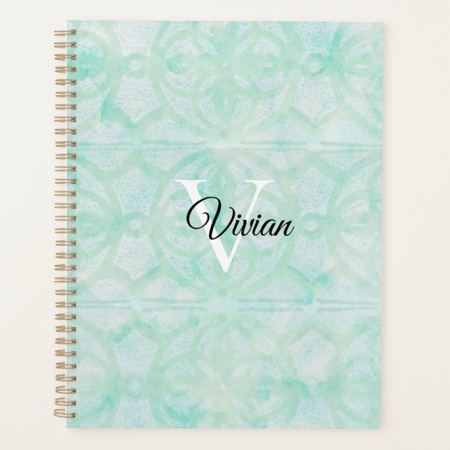 Agenda Pale Jade Green Batik Elegante Monograma (Frente)