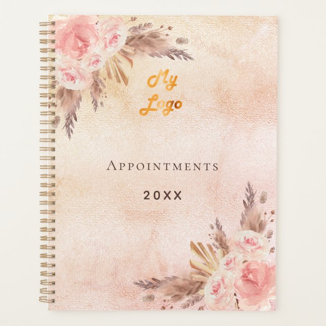 Agenda Pampas rosa douradas flores para negócios código Q (Frente)