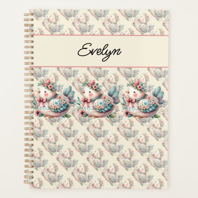 Agenda Pássaro Folclórico Floral com Charme Pastel Boho (Frente)