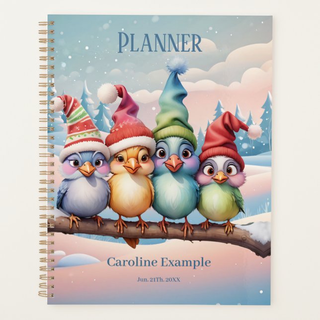 Agenda Pássaros bonitos de fantasia com chapéus de Natal. (Frente)