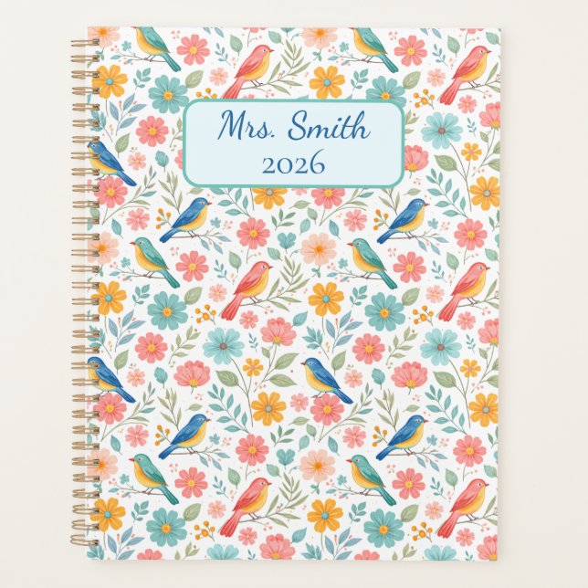 Agenda Pássaros Lindos e Flores de Primavera Pastéis (Frente)