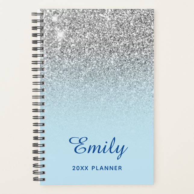 Agenda Pastel Blue Silver Glitter Ombre Personalizado (Frente)