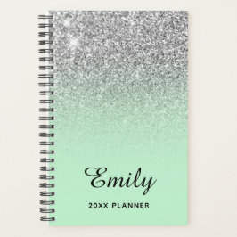 Agenda Pastel Mint Silver Glitter Ombre Personalizado