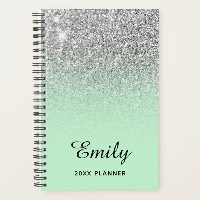 Agenda Pastel Mint Silver Glitter Ombre Personalizado (Frente)