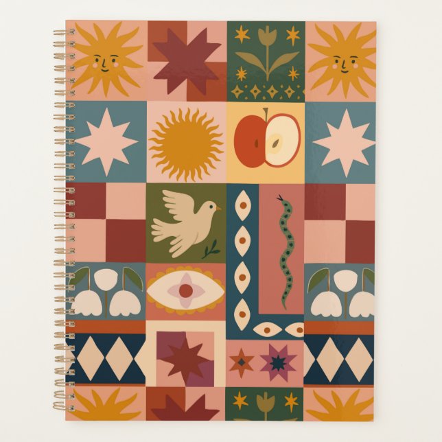 Agenda Patchwork celestial boêmica com símbolos místicos (Frente)