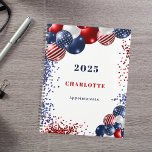 Agenda Patriotic red blue black balloons name 2025<br><div class="desc">Um fundo branco chic. Decorado com balões patrióticos coloridos em azul vermelho e branco. Personalize e adicione um ano,  nome e título. Texto vermelho e azul.</div>